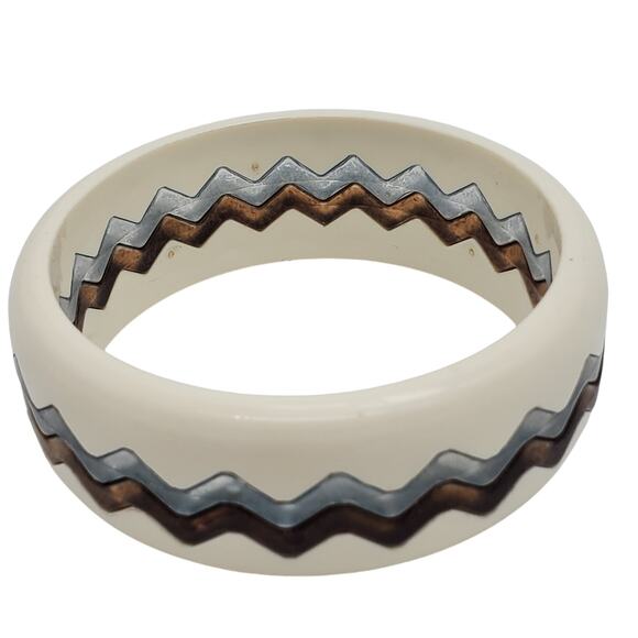 Acrylic Puzzle Bangles Zig Zag Bracelet Blue Brown Off White Wavy Interlocking - Picture 12 of 12